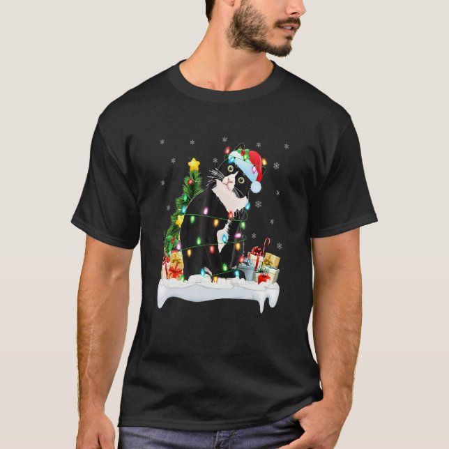 Black Cat  Xmas Ree Lights Santa Black Cat Christm T-Shirt (Front)