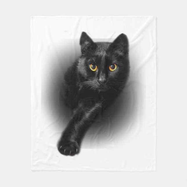 Black Cat Yellow Eyes Fleece Blanket (Front)