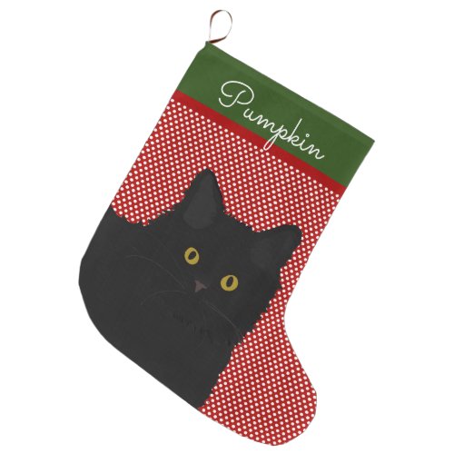 Black Cat Yellow Eyes Personalized Large Christmas Stocking