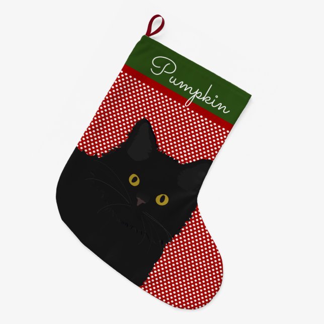 Black Cat Yellow Eyes Personalized Large Christmas Stocking (Front (Hanging))