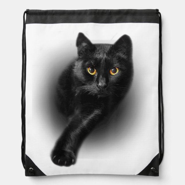 Black Cat Yellow Eyes T-Shirt Cats Tee Drawstring Bag (Front)
