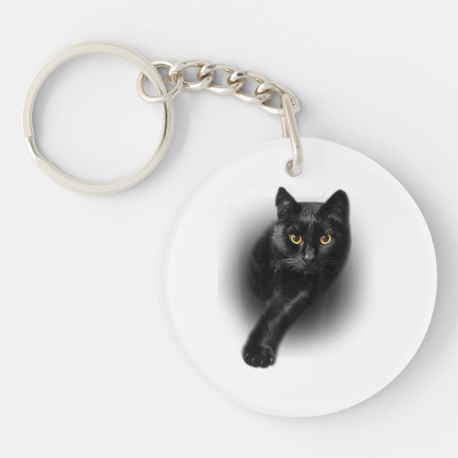 Black Cat Yellow Eyes T-Shirt Cats Tee Keychain (Front)