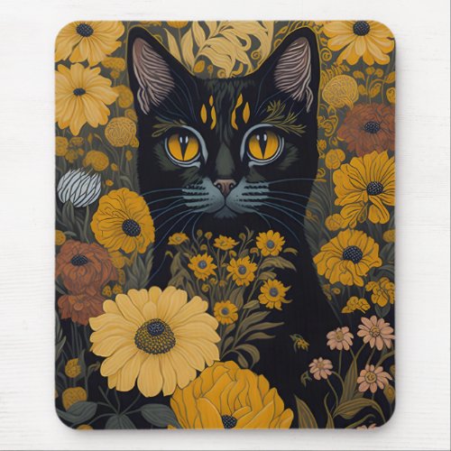 Black Cat Yellow Eyes Vintage Flowers 2 Mouse Pad