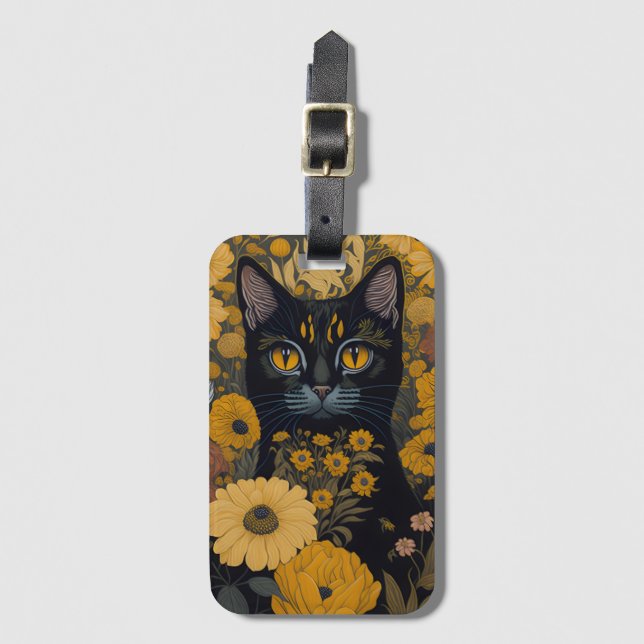 Black Cat Yellow Eyes Vintage Flowers Luggage Tag (Front Vertical)