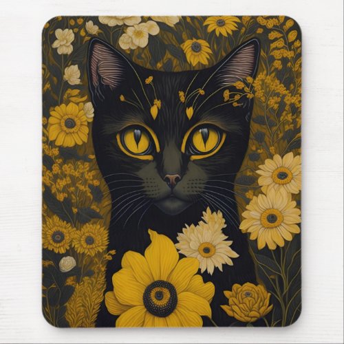 Black Cat Yellow Eyes Vintage Flowers Mouse Pad