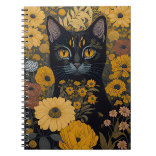 Black Cat Yellow Eyes Vintage Flowers Notebook