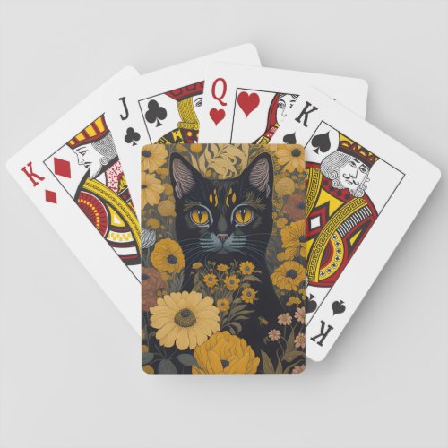 Black Cat Yellow Eyes Vintage Flowers Playing Cards