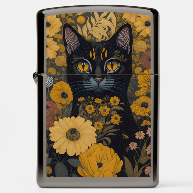 Black Cat Yellow Eyes Vintage Flowers Zippo Lighter (Front)