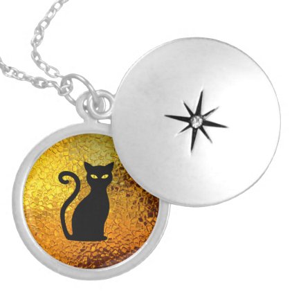 Black Cat Yellow Glass Texture Modern Cat Eyes Silver Plated Necklace