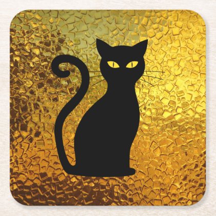 Black Cat Yellow Glass Texture Modern Cat Eyes Square Paper Coaster