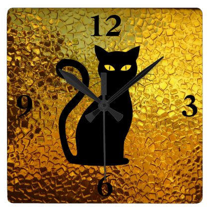 Black Cat Yellow Glass Texture Modern Cat Eyes Square Wall Clock