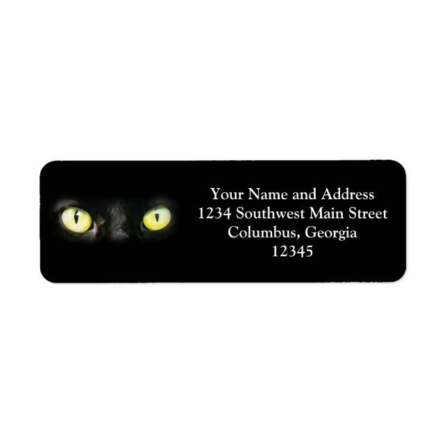 Black Cat, Yellow Green Eyes, Sleek and Spooky Label (Front)
