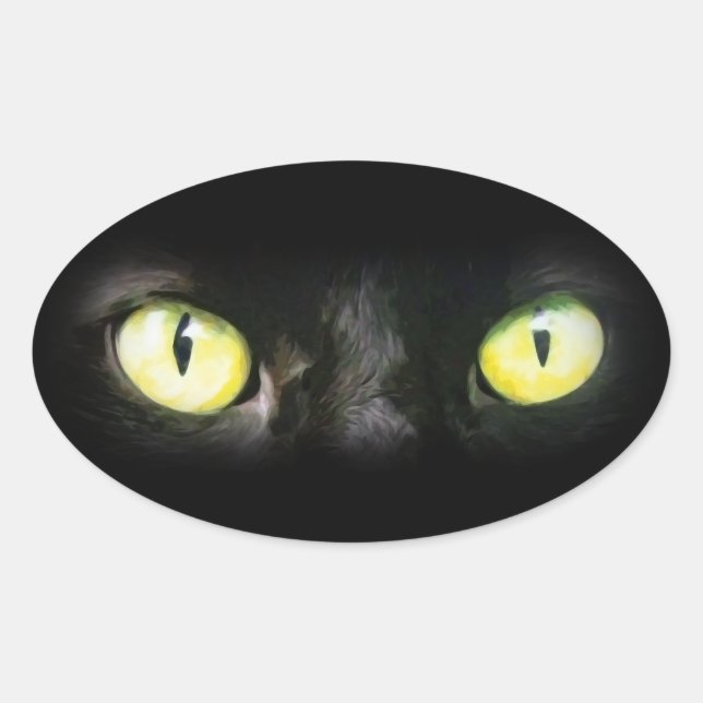 Black Cat, Yellow Green Eyes, Sleek and Spooky Oval Sticker (Front)