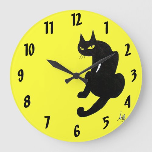 BLACK CAT yellow Large Clock
