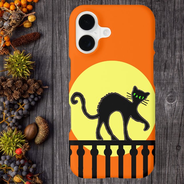 Black Cat Yellow Moon Fence Case-Mate iPhone Case (Black cat arched back on top of black fence big yellow moon on orange phone case.)