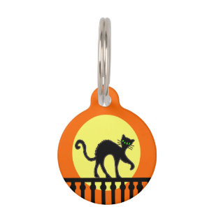 Black Cat Yellow Moon Fence Pet ID Tag