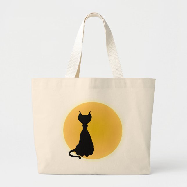 Black Cat & Yellow Moon Halloween Art Large Tote Bag (Front)