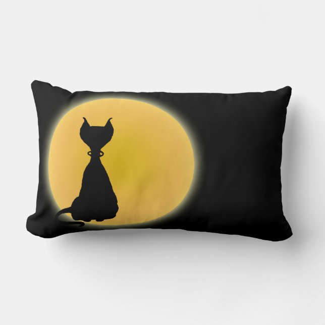 Black Cat & Yellow Moon Halloween Art Lumbar Pillow (Front)