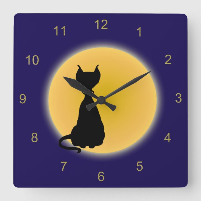 Black Cat & Yellow Moon Halloween Art Square Wall Clock (Front)