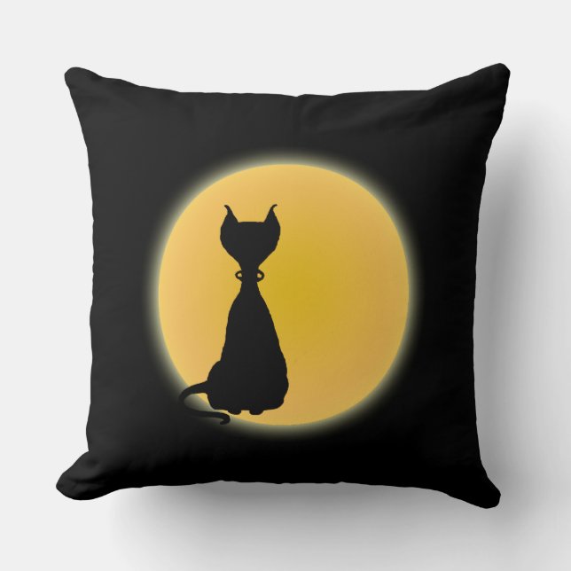 Black Cat & Yellow Moon Halloween Art Throw Pillow (Front)