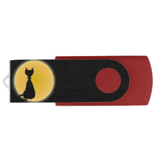 Black Cat & Yellow Moon Halloween Art USB Flash Drive