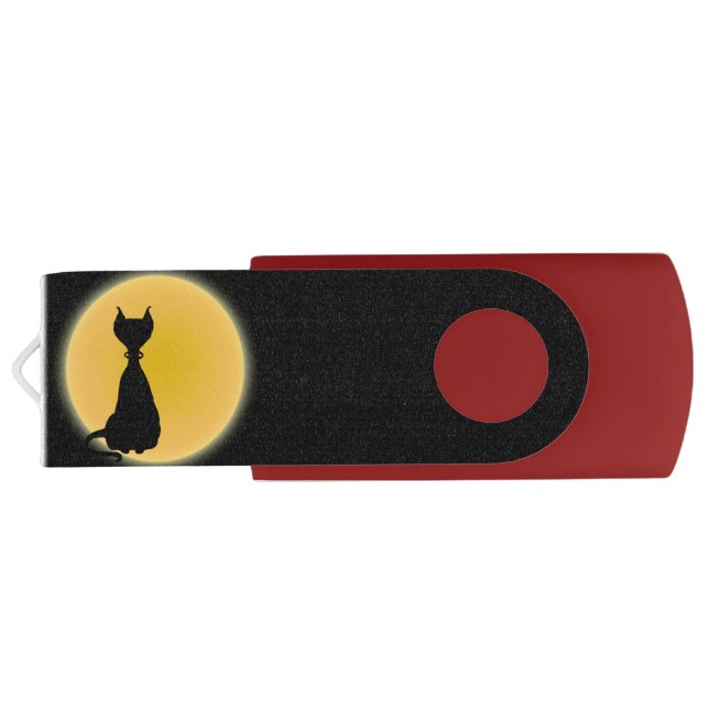 Black Cat & Yellow Moon Halloween Art USB Flash Drive (Back)