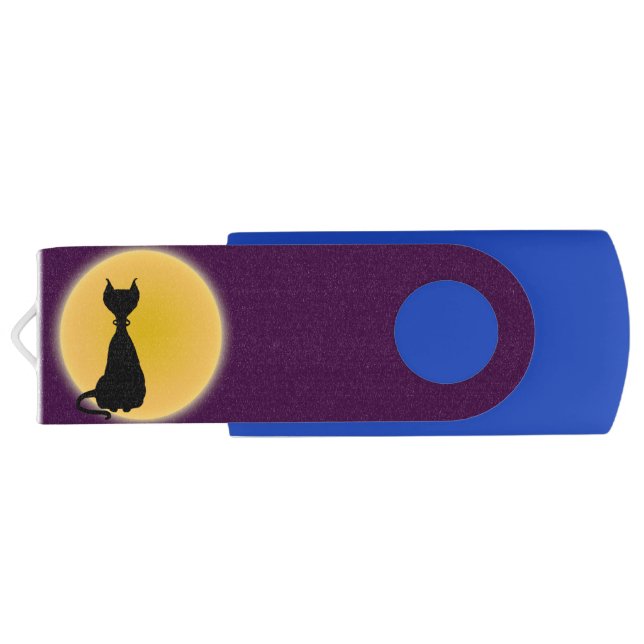 Black Cat & Yellow Moon Halloween Art USB Flash Drive (Back)