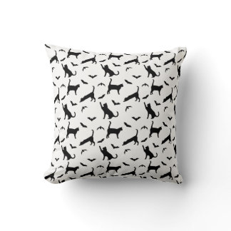 Black Cats And Bats Minimal Pattern Halloween Throw Pillow
