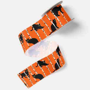 Black Cats and Birch Branches on Vibrant Orange Satin Ribbon