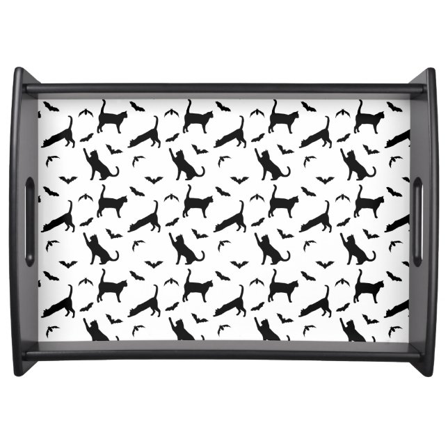 Black Cats And Flying Bats Halloween Pattern Serving Tray (Front)