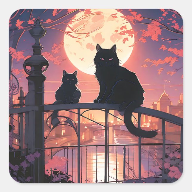 Black Cats and Full Moon Square Sticker (Front)