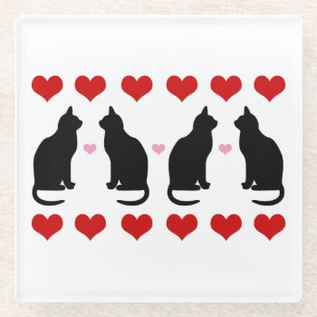 Black Cats And Hearts Glass Coasters by xgdesignsnyc at Zazzle