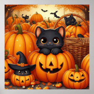 Black Cats and Jack-O-Lanterns Poster