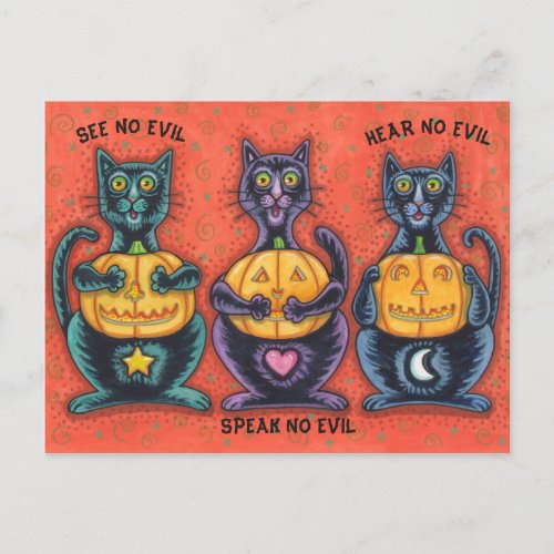 BLACK CATS AND JACKS SEE NO EVIL FUNNY FELINES POSTCARD