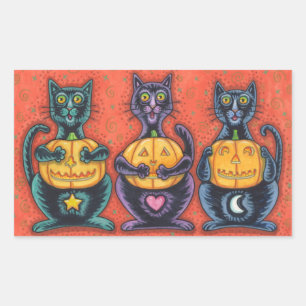 BLACK CATS AND JACKS SEE NO EVIL, FUNNY FELINES RECTANGULAR STICKER