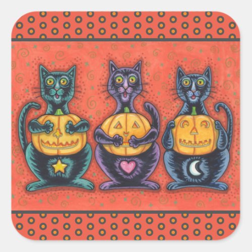BLACK CATS AND JACKS SEE NO EVIL FUNNY FELINES SQUARE STICKER