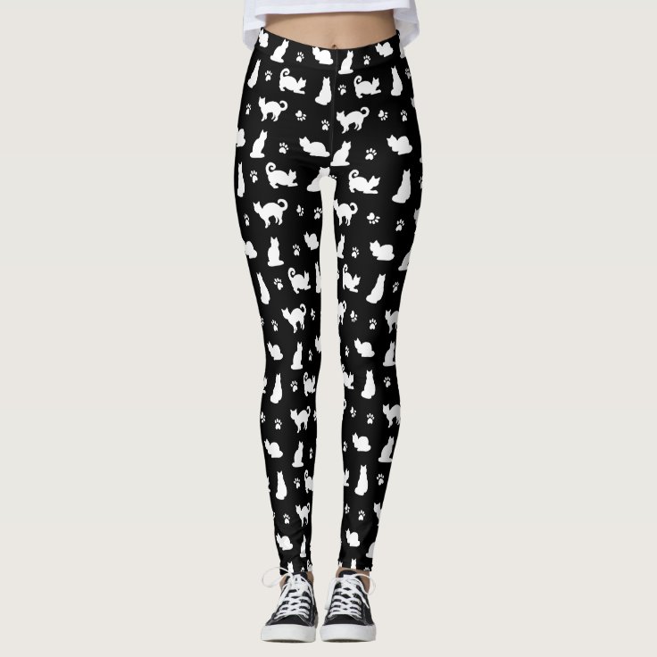 Black Cats and Paw Prints Pattern Leggings | Zazzle