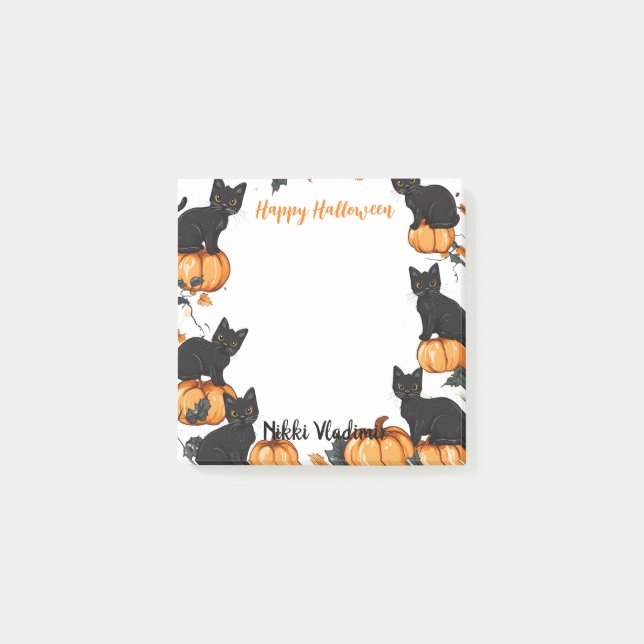 Black cats and Pumpkin Happy Halloween Post-it Notes (Front)