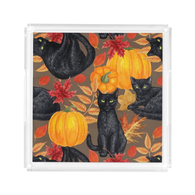 Black cats and pumpkins 2 acrylic tray (Front)