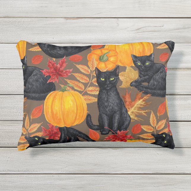 Black cats and pumpkins 2 outdoor pillow (Front)