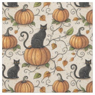 Black Cats and Pumpkins Halloween Pattern Fabric