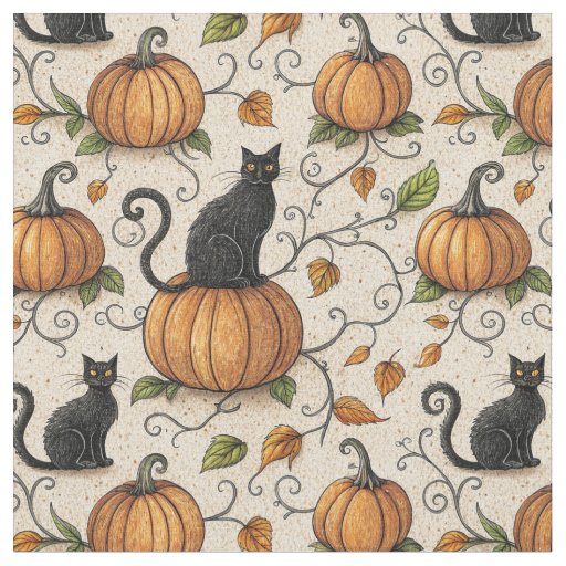 Black Cats and Pumpkins Halloween Pattern Fabric