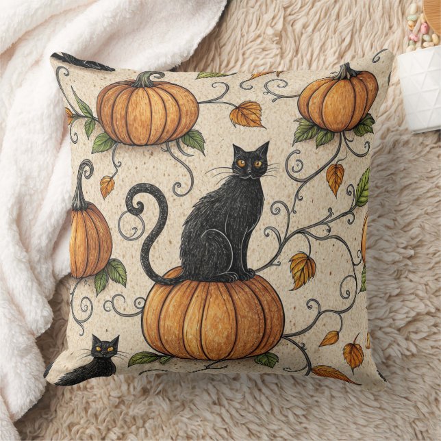 Black Cats and Pumpkins Halloween Pattern Throw Pillow (Blanket)