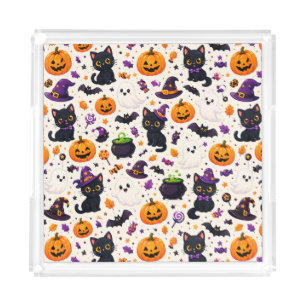 Black Cats And Pumpkins Halloween Pattern Uses 🎃 Acrylic Tray