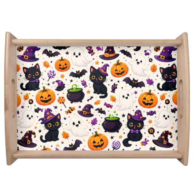 Black Cats And Pumpkins Halloween Pattern Uses 🎃 Serving Tray (Front)