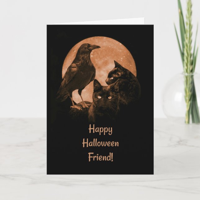 Black Cats and Raven Friend Halloween Card (Front)