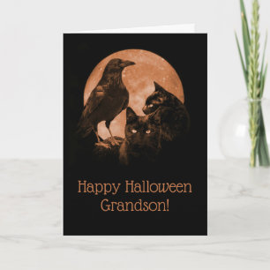 Black Cats and Raven Grandson Halloween Card