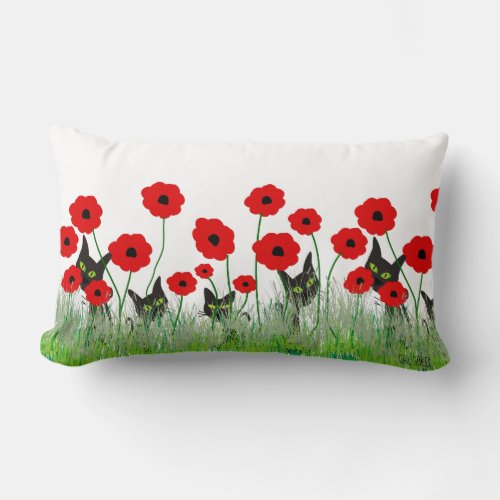 Black Cats and Red Poppies Lumbar Pillow