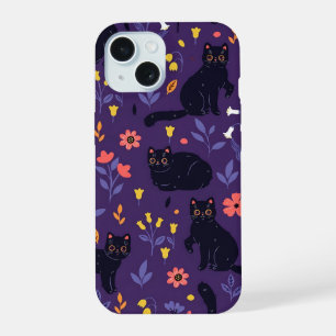 Black Cats and Wildflowers pattern iPhone 15 Case
