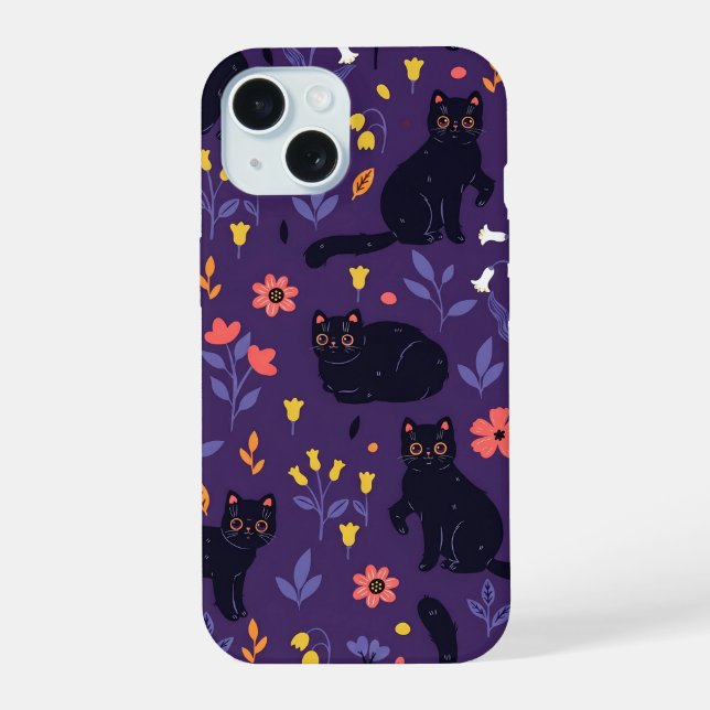 Black Cats and Wildflowers pattern Iphone Case (Back)